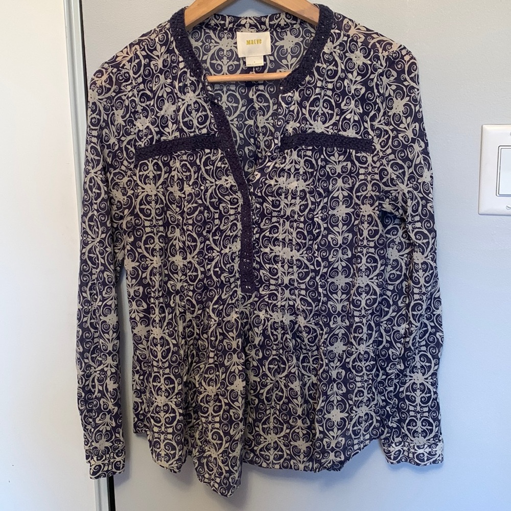 Anthropologie Maeve Blue and Cream Floral Blouse